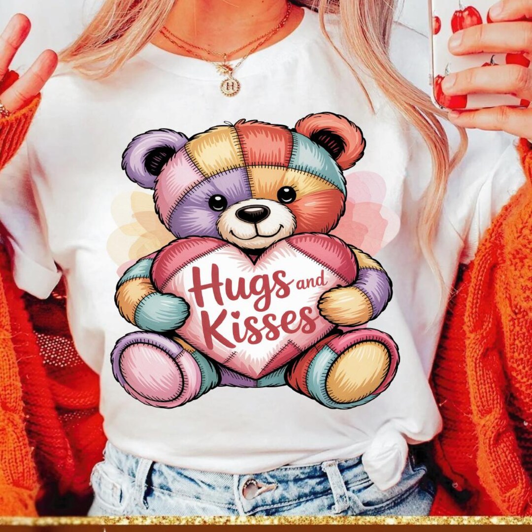 Patchwork Teddy Bear PNG, Valentine Hugs and Kisses PNG, Quilted Love ...