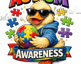 Pato PNG SVG para concienciar sobre el autismo, diseño de pieza de rompecabezas colorida, gráfico de apoyo al autismo, camiseta imprimible de concienciación, pato con gafas de sol
