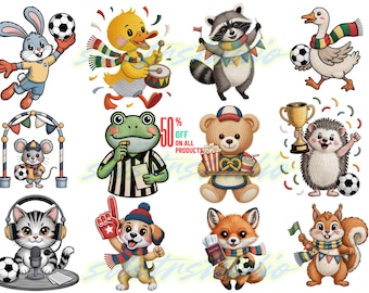 USA, Kanada, Mexiko Fußball-PNG-Bundle | Niedliche Tier-Fan-Cliparts | Sublimationsdesigns für die Fußball-Weltmeisterschaft 2026