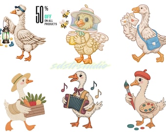 Imágenes prediseñadas de gansos con estilo cottagecore, paquete de imágenes PNG de gansos con estilo de bordado, lindas ilustraciones de animales de granja, descarga instantánea.