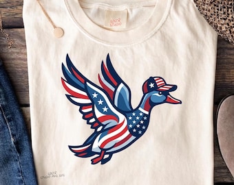 Paquete de imágenes PNG de patos ánade real voladores con camuflaje, diseño de sublimación patriótico de caza de patos para el 4 de julio, descarga digital en rojo, blanco y azul de EE. UU.