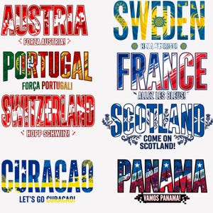 Peut inclure: Plusieurs graphismes affichant des noms de pays tels que l'Autriche, la Suède, le Portugal, la France, la Suisse, l'Écosse, Curaçao et le Panama. Chaque nom est stylisé avec les couleurs du drapeau national et des phrases.