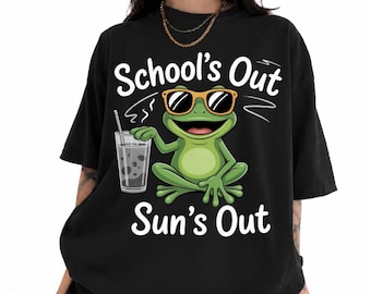 Camiseta de vacaciones de verano ¡Se acabaron las clases! ¡Sale el sol! Rana png svg, Regalo divertido para profesores, Camiseta con estampado de rana adorable