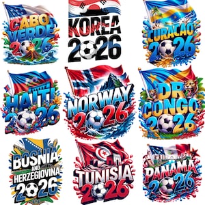 K&ouml;nnte beinhalten: Neun farbenfrohe Designs zum Thema Fu&szlig;ball f&uuml;r die Weltmeisterschaft 2026. Jedes Design zeigt eine Flagge und den Namen des Landes, wie Cabo Verde, Korea, Curacao, Haiti, Norwegen, DR Kongo, Bosnien und Herzegowina, Tunesien und Panama, mit einem Ball.
