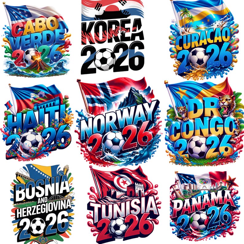 K&ouml;nnte beinhalten: Neun farbenfrohe Designs zum Thema Fu&szlig;ball f&uuml;r die Weltmeisterschaft 2026. Jedes Design zeigt eine Flagge und den Namen des Landes, wie Cabo Verde, Korea, Curacao, Haiti, Norwegen, DR Kongo, Bosnien und Herzegowina, Tunesien und Panama, mit einem Ball.