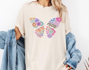 Comfort Colors®   Floral Butterfly Shirt, Colorful Garden Butterfly Tee, Spring Flower Artwork
