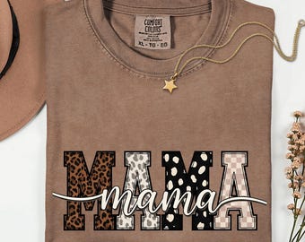 Comfort Colors® Mama Shirt Leopard Print, Trendy Mama Graphic Tee, Neutral Tone Mom Shirt, Checkered Polka Dot Letter Tee