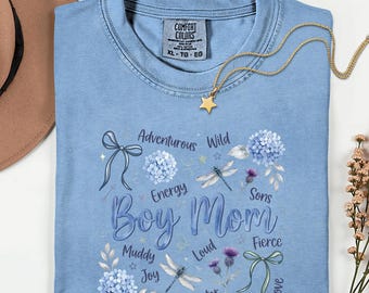 Comfort Colors® Boy Mom Shirt, Wild & Free Mom Tee, Soft Washed Denim Graphic Shirt, Dragonfly Floral Mom Gift