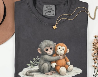 Comfort Colors®  Cute Baby Monkey Shirt, Plush Friend Animal Tee, Soft Nursery Style Graphic T Shirt, Unisex Cozy Monkey Art Shirt