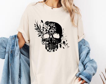 Comfort Colors®   Floral Skull Graphic Tee, Botanical Gothic Tee, Dark Nature Artwork