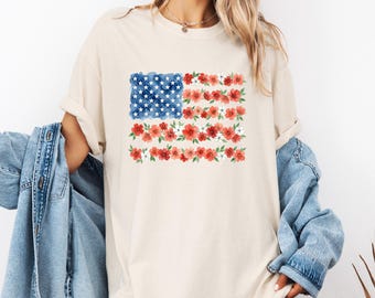 Comfort Colors®   Floral American Flag Shirt, Patriotic Flower Flag Tee, USA Garden Graphic T-Shirt