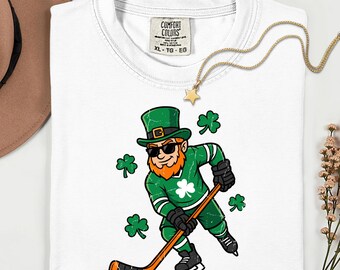 Comfort Colors® Irish Hockey Tee, Leprechaun Cartoon, Shamrocks