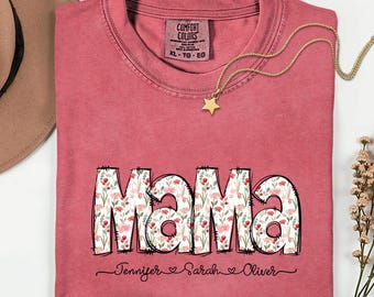 Comfort Colors® Personalized Mama Shirt with Kids Names, Floral Mama T-Shirt, Custom Mom Gift, Mother’s Day Shirt, Family Name Tee