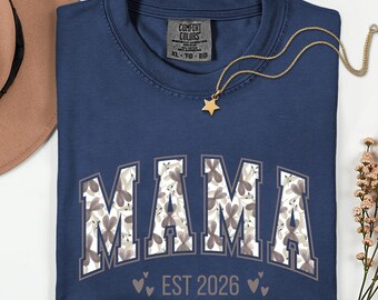 Comfort Colors® Mama Est 2026 Shirt, Neutral Floral Mom Tee, Custom Year Mama Shirt,  Pregnancy Announcement Shirt, Minimal Mom Outfit