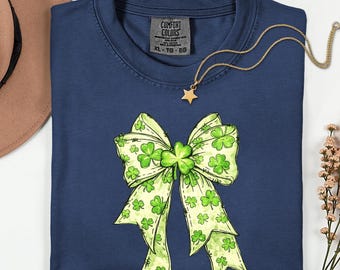 Comfort Colors®  Irish Shamrock Bow Shirt, Green Clover Ribbon