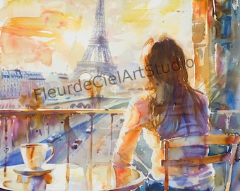 May include: Watercolor painting of a Parisian balcony scene with the Eiffel Tower in the background. A person sits at a table with a coffee cup, overlooking the city. The text "FleurdeCielArtStudio" is visible.