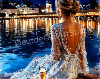 May include: An artistic painting depicts a woman in a flowing, light blue dress with a low back, sitting by a body of water at night. The dress is adorned with gold accents. A drink with whipped cream sits nearby. The background features illuminated buildings and a bridge.