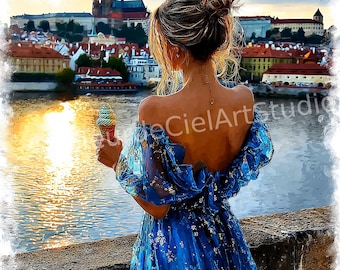 May include: A woman in a blue dress with floral accents, holding an ice cream cone, gazes at a cityscape with a castle. The image has a watercolor painting style, with the text "eCielArtStudio" visible.