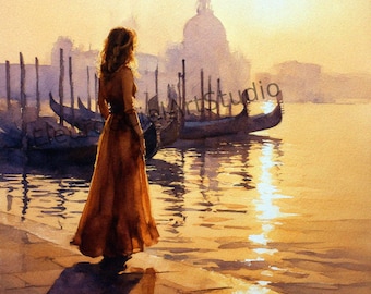 May include: Watercolor painting of a person in a long, flowing orange dress standing on a stone walkway. The background features gondolas, buildings, and a dome under a golden sunset. The water reflects the warm light.