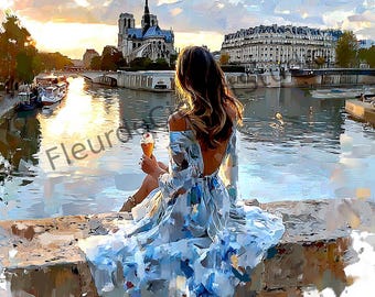 May include: An impressionistic painting of a person sitting by a river in Paris, France, with Notre Dame Cathedral in the background. The person is wearing a light blue dress and holding an ice cream cone. The text "Fleurd'eau" is visible.