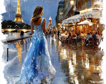 May include: An impressionistic painting of a woman in a blue dress holding an ice cream cone, walking along a Parisian street. The Eiffel Tower is visible in the background. The scene is wet, with reflections on the ground, and a cafe is on the right.