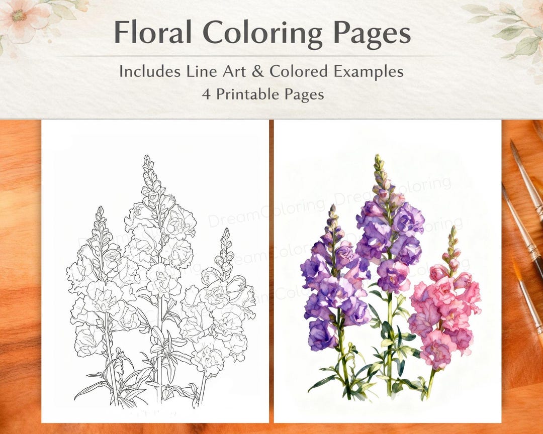 Floral Coloring Pages #3 With Watercolor Reference, 4 Printable Sheets ...
