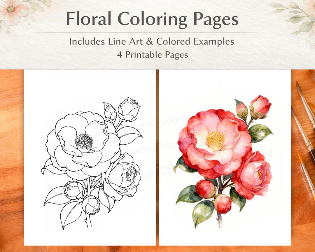 Floral Coloring Pages #4 With Watercolor Reference, 4 Printable Sheets ...