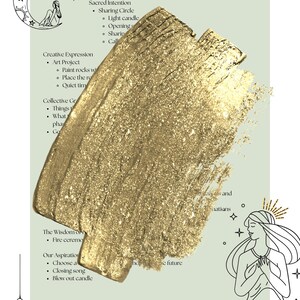 May include: A light green poster with the words "Crone Ceremony" in gold script. The poster includes a gold paint stroke, illustrations of a crescent moon, stars, and a woman, and bulleted lists of activities.