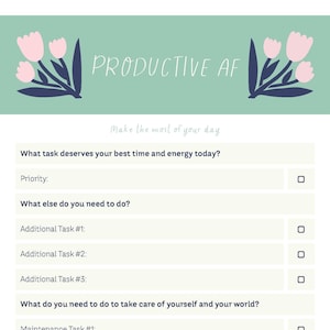 May include: A teal and white daily planner with the text "PRODUCTIVE AF" and floral illustrations. The planner includes sections for prioritizing tasks, additional tasks, self-care, and a daily motto. It is designed to help organise your day.