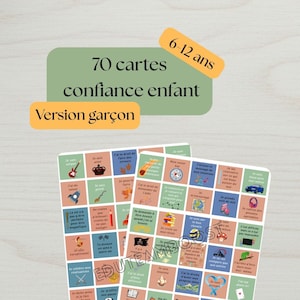 Könnte beinhalten: Ein Set aus 70 Karten für Kinder im Alter von 6-12 Jahren mit der Aufschrift 'confiance enfant' und 'Version garçon'. Die Karten zeigen ein Raster aus kleinen Quadraten in gedeckten Grün-, Blau- und Pfirsichtönen mit französischem Text.