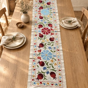 Handmade Suzani Table Runner, Embroidered Pomegranate Textile, Boho Home Decor