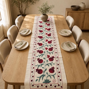 Hand Embroidered Suzani Table Runner, Uzbek Pomegranate Design, Boho Dining Decor