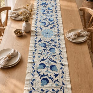 Hand Embroidered Suzani Table Runner, Blue Floral Uzbek Textile, Boho Table Decor, Wall Hanging