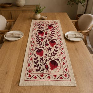 Handmade Silk Suzani Table Runner, Uzbek Pomegranate Embroidery, Boho Dining Decor