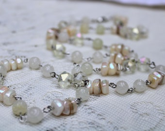 cream colored beaded necklace, dressy necklace, white necklace, shell beads, glass beads, agate necklace, light colored jewelry, mixed beads