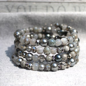 gray wrap bracelet, glass bead bracelet, shell bracelet, memory wire bracelet, silver wrap bracelet, gray bead jewelry