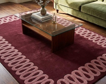 Hand Tufted Burgundy Rug Modern Border Area Rug Wine Red Living Room Carpet Luxury Contemporary Wool Rug