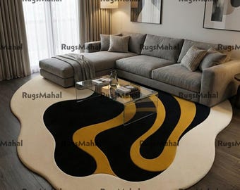 Hand tufted modern rug black beige and gold irregular shape trending european home decor