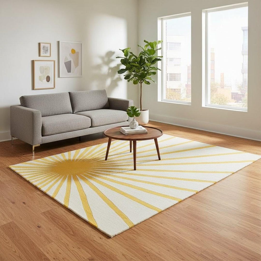 Hand Tufted Sunburst Rug Boho Sunrise Area Rug Yellow Cream Modern ...