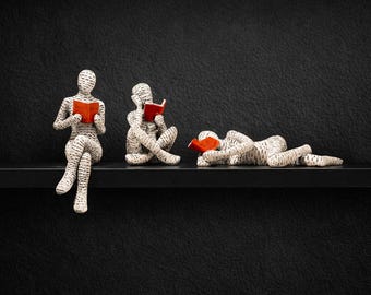 Reading Figurines Book Lovers 3 Bundle, Book Nookr, Mini Reader Sculpture, Library Shelf Decor, Literary Home Decor, Reader Statue