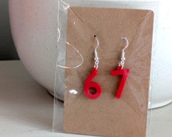 Red Number “67” Drop Earrings – Fun, Bold & Unique Statement Jewelry