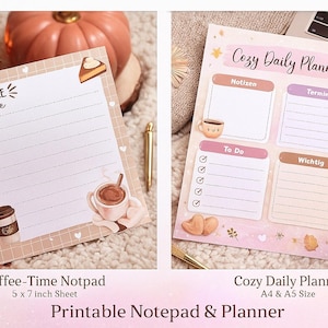 Könnte beinhalten: Zwei bedruckbare Notizblöcke und Planer. Einer ist ein 12,7 x 17,8 cm großes Blatt mit dem Text "Coffee Time" und Kaffeetassen-Illustrationen. Der andere ist ein Cozy Daily Planner mit Abschnitten für Notizen, To-Do-Listen und Termine.