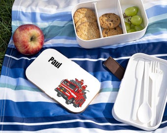 Fiambrera personalizada para niños | Fiambrera con forma de camión de bomberos y nombre | Regalo de regreso a clases