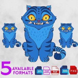 Peut inclure: Trois illustrations de chats bleus de dessin animé avec des yeux jaunes et des dents pointues. Les chats ont des marques rayées et sont en position assise. L'image comprend le texte "5 AVAILABLE FORMATS" et des icônes pour les formats de fichiers EPS, DXF, PDF, SVG et PNG.