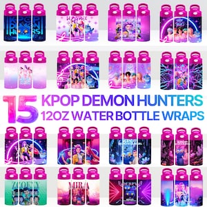 May include: Collection of 15 pink 12oz water bottles with various K-Pop themed designs. The bottles feature images of K-Pop groups, musical notes, and the text "KPOP DEMON HUNTERS". Each bottle has a pink cap and handle.