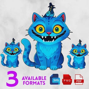 May include: Three cartoon cats in shades of blue, each with big yellow eyes and a wide grin. They wear hats with birds. The image includes the text "3 AVAILABLE FORMATS" and icons for SVG, PNG, and PDF file types.