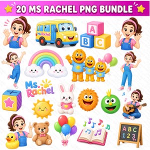 Puede incluir: Un conjunto de ilustraciones digitales coloridas con un autobús escolar, un arcoíris, bloques, un conejito, un osito de peluche y otros juguetes infantiles. El texto "20 MS RACHEL PNG BUNDLE" está en la parte superior de la imagen.