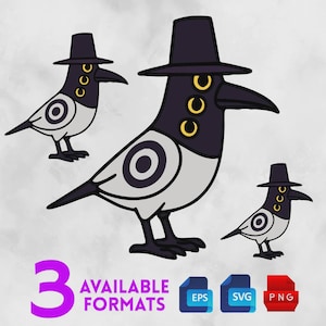 May include: Illustration of three cartoon crows wearing hats. The crows are black, white, and gray with yellow accents. The image includes the text "3 AVAILABLE FORMATS" and icons for EPS, SVG, and PNG file types.