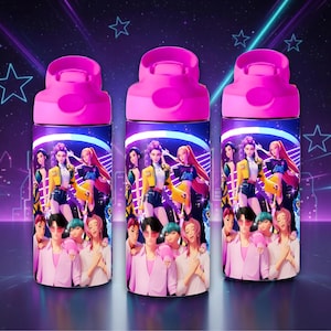 May include: Three water bottles with pink lids and a vibrant wrap-around design. The design showcases a group of animated characters in a city setting. The bottles are cylindrical and appear to be made of metal.
