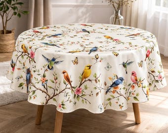 Vintage Bird Print Tablecloth – Rectangular or Round Polyester Cover